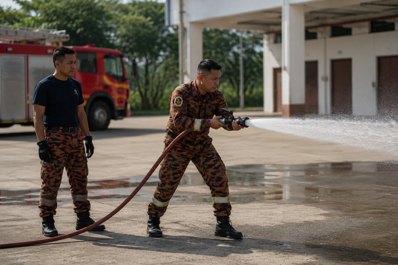 Otti participants in full PPE and breathing apparatus during live fire practical training at a Bomba facility