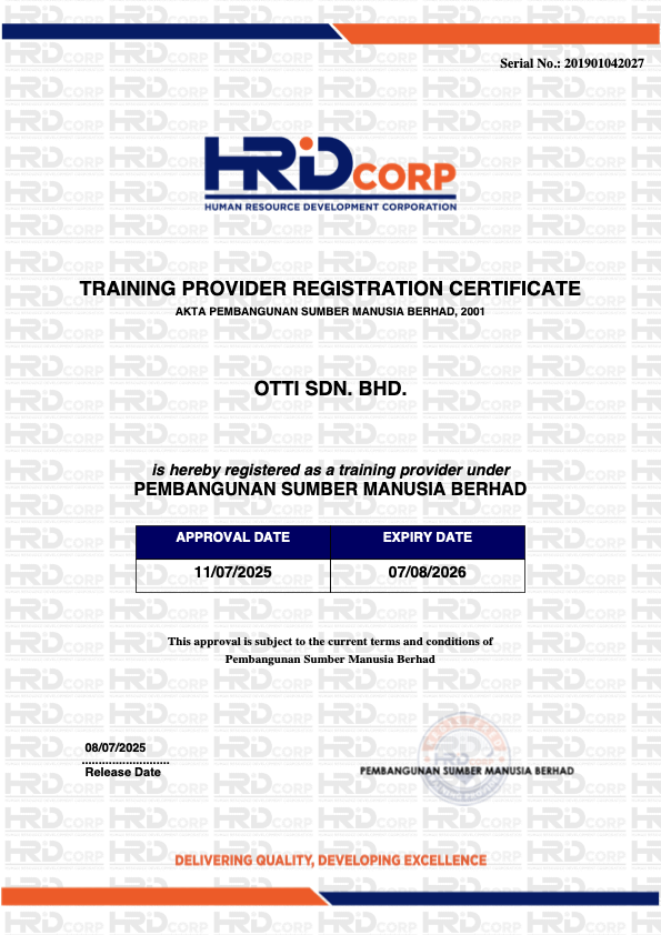 Otti Sdn. Bhd. HRD Corp Training Provider Registration Certificate